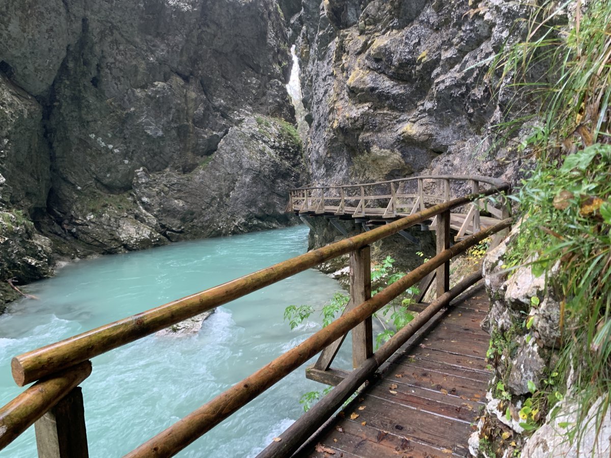 Walk next to the thundering ice cold river on a boardwalk at Vintgar Gorge.. Walk next to the thundering ice cold river on a boardwalk at Vintgar Gorge..