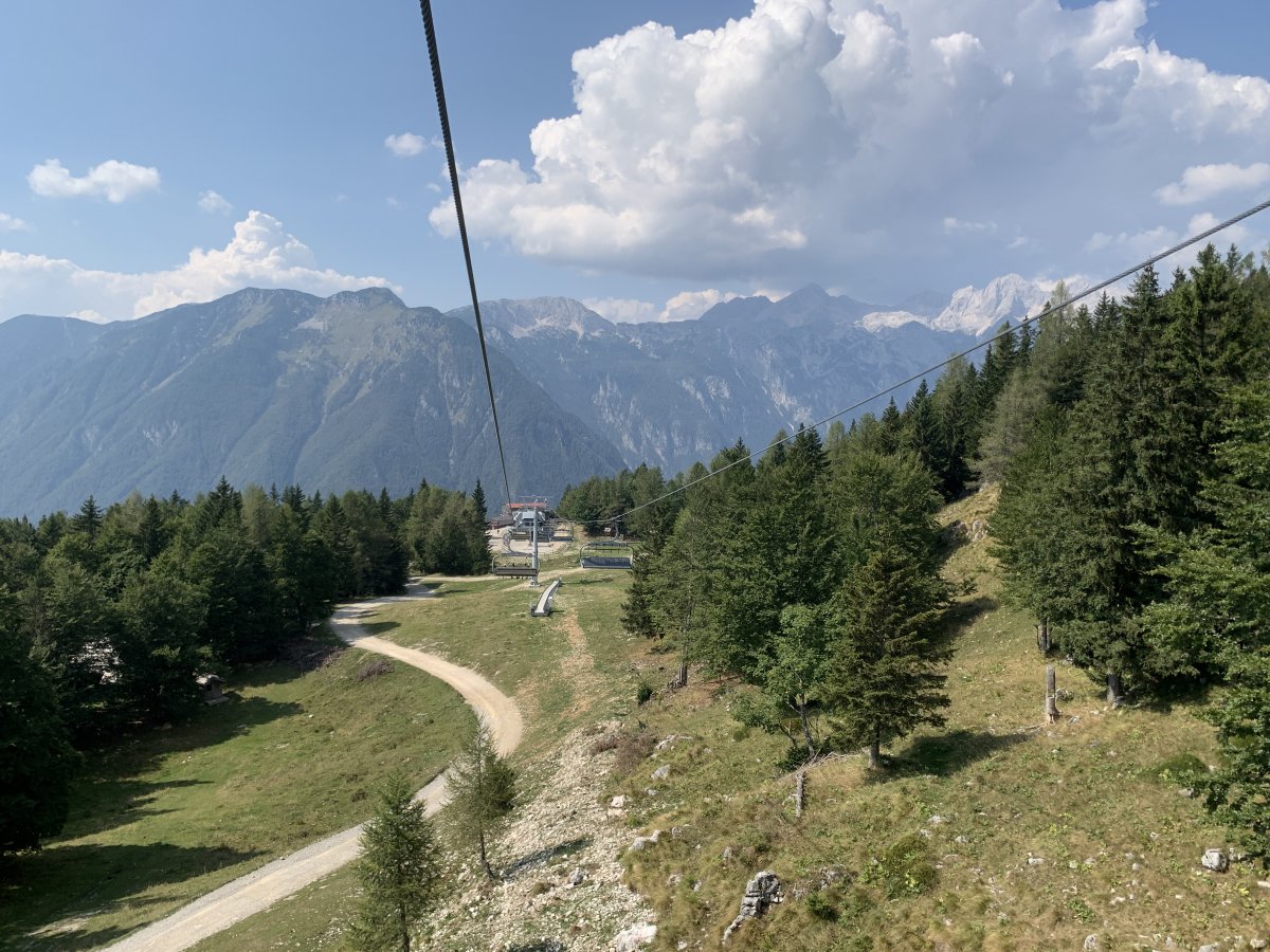 Spectacular view of the Kamnik Alps from the ski lift ride down Velika Planina.. Spectacular view of the Kamnik Alps from the ski lift ride down Velika Planina..