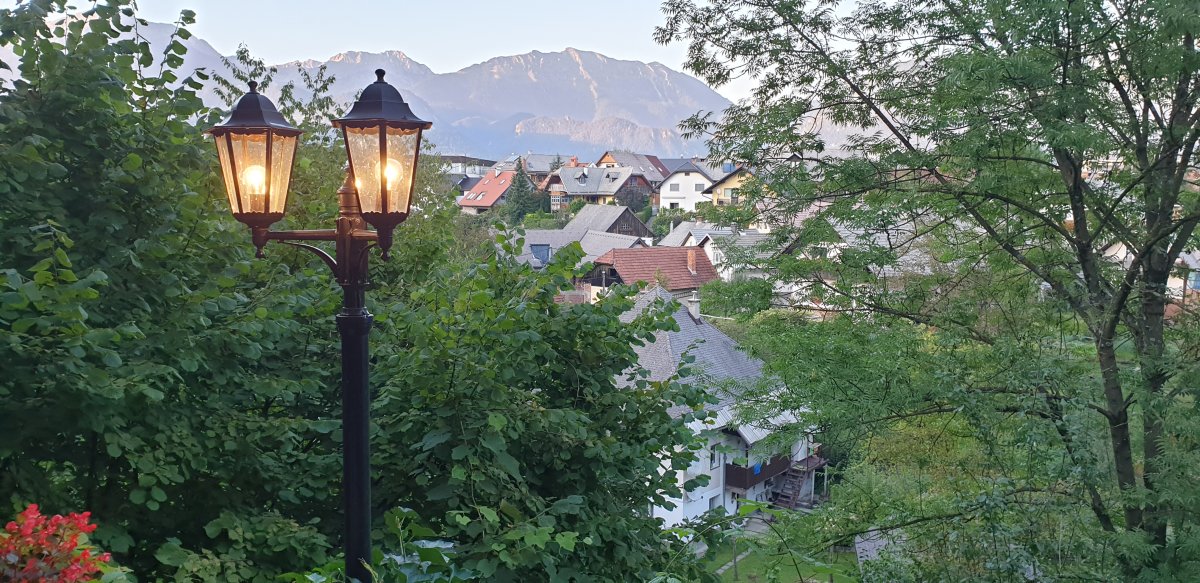 view to the mountains from a side street in Radolca old town..