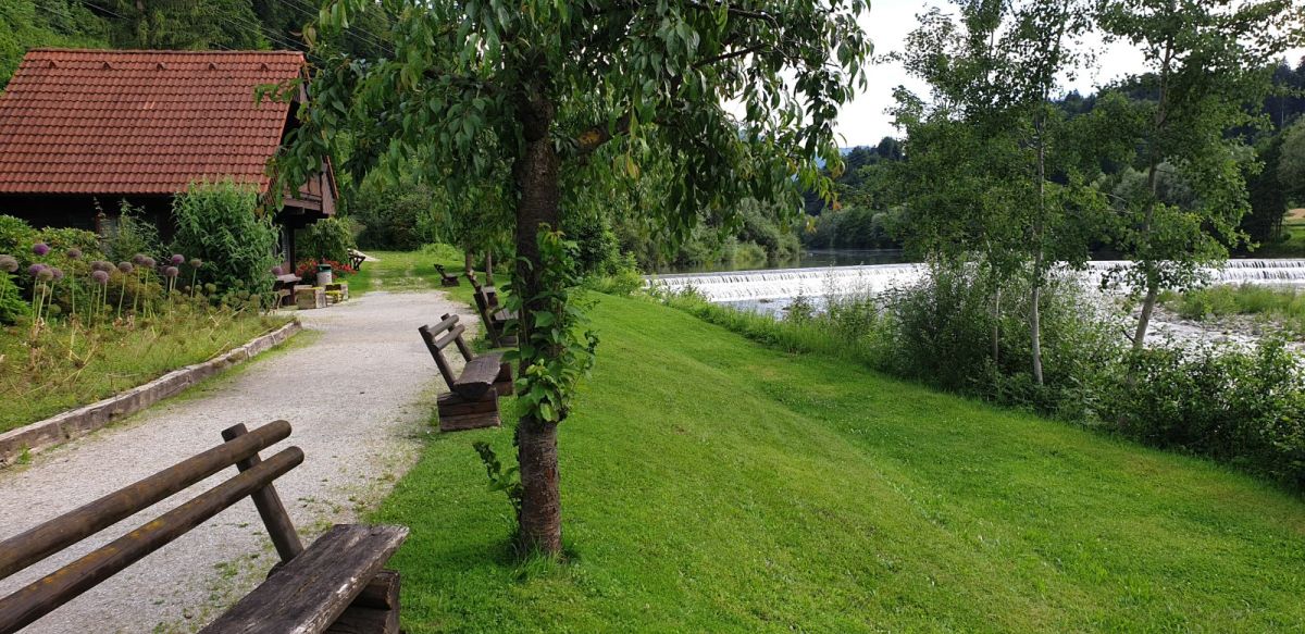 the end of the park at Mozirski Gardens with a private view of the powerful Savinja river..