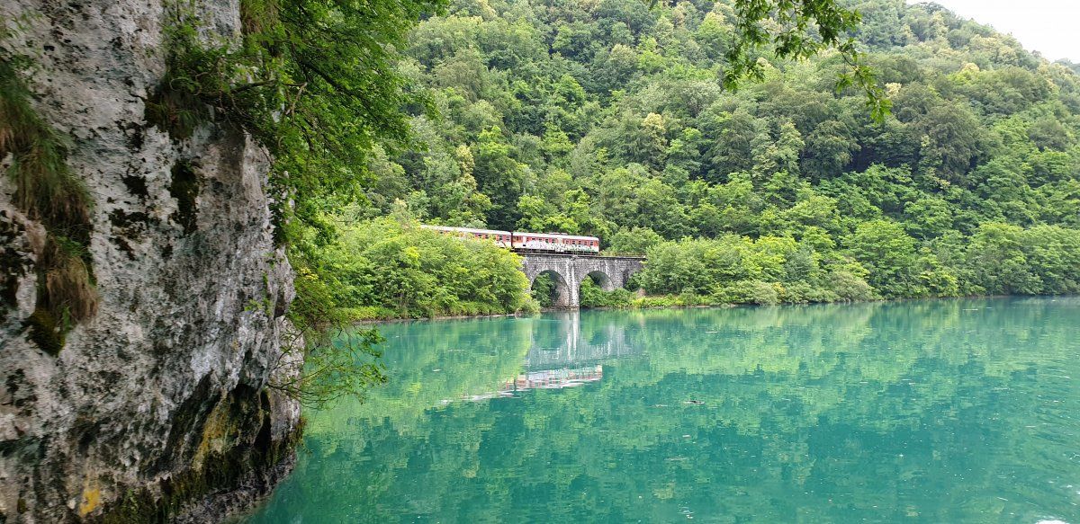 we were lucky to catch this train crossing this bridge as we cruised down the Soca lake in a paddle steamer.. we were lucky to catch this train crossing this bridge as we cruised down the Soca lake in a paddle steamer..