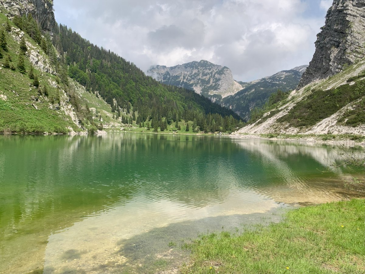 400 metres long and 18 metres deep, the biggest mountain lake in Green Slovenia.. 400 metres long and 18 metres deep, the biggest mountain lake in Green Slovenia..