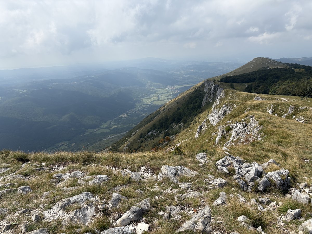 Stunning view from the other side of the Nanos Masts of the start of the Mediterranean Vipava Wine Valley far below.. Stunning view from the other side of the Nanos Masts of the start of the Mediterranean Vipava Wine Valley far below..