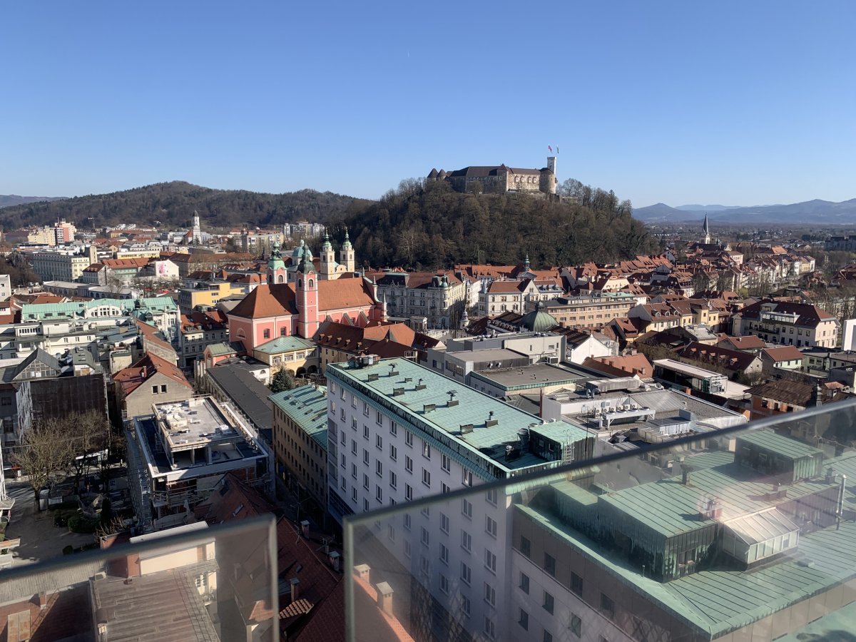 Ljubljana.. You get a cracking free view of the entire city and mountains from the cafe terrace on top of the Nebotićnik tower.. Ljubljana.. You get a cracking free view of the entire city and mountains from the cafe terrace on top of the Nebotićnik tower..